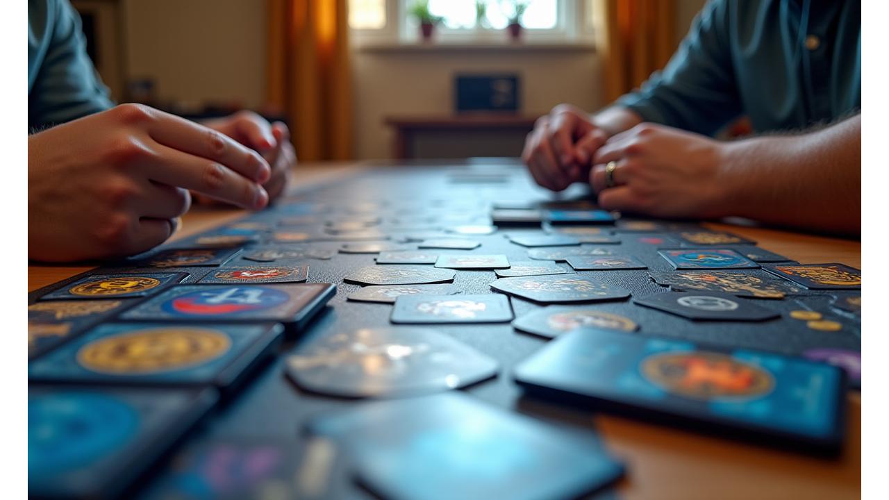 A complete, well-organized board game setup with game in progress, showing play mats, card sleeves, and component organizers in action.