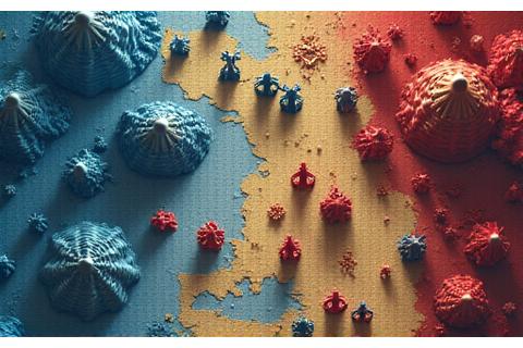 Game board showing colored pieces controlling different territories.