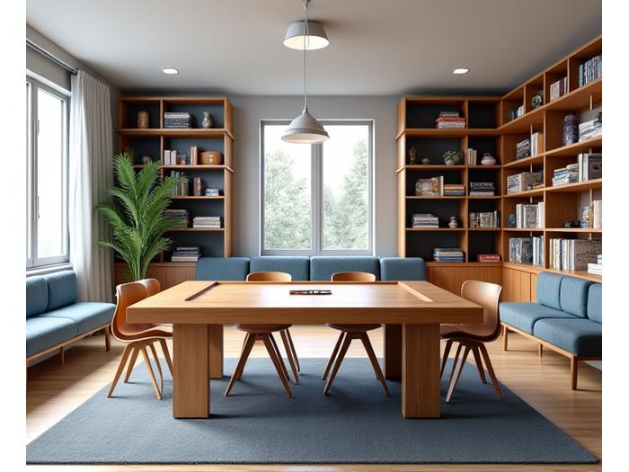 An inviting gaming room with a large table, comfortable chairs, and board games neatly arranged on shelves