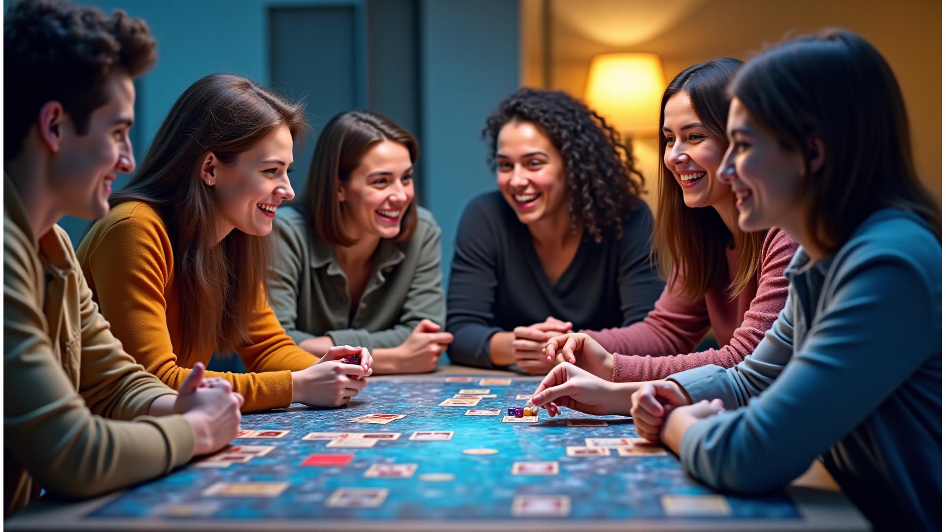 Diverse group of friends joyfully playing a board game around an elegant, well-lit table with premium gaming accessories and dice