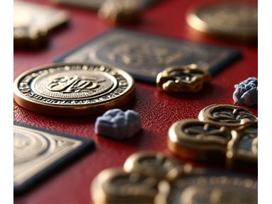 Close-up of unique board game components, including custom meeples and metal coins, highlighting backer exclusive content.