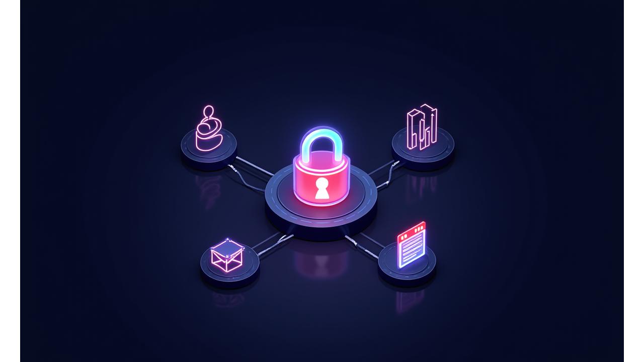 Visual representation of data points – user profiles, shopping carts, analytics charts, and email envelopes – connecting to a central secure database symbol.
