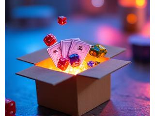 Shipping box with dice and cards spilling out, emphasizing fast delivery