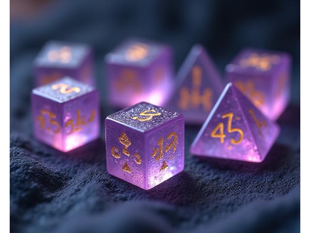Set of shimmering elven-themed polyhedral dice with intricate gold numbering